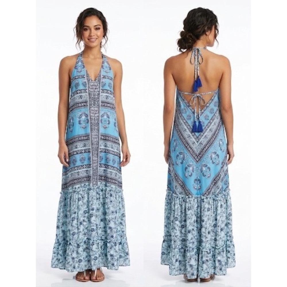 ChicMe Blue Paisley Floral Halter Maxi Dress Tassel Tie Back Boho Tiered Medium